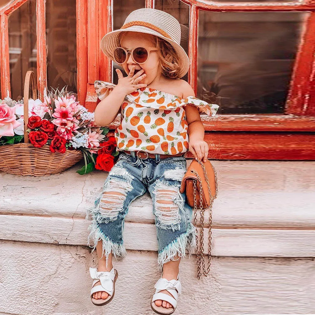 

Toddler Kids Baby Girls Pineapple Print T-Shirt Hole Jeans Fashion Outfits Infant Child Girl Ruffle Sleeve Top Pocket Zipper High Waist Jeans 2Pcs Casual Outfit Sets Summer 2019