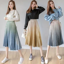 Осенне-зимние Бархатные юбки градиентного цвета осенне-зимние корейские женские гофрированные длинные юбки с высокой талией