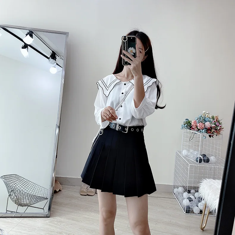 brown skirt High Waist Solid Pleated Skirts Woman Harajuku Belt Chic A-Line Skirt Woman's Retro Simple Black Mini Skirt Women Summer 2021 silk skirt