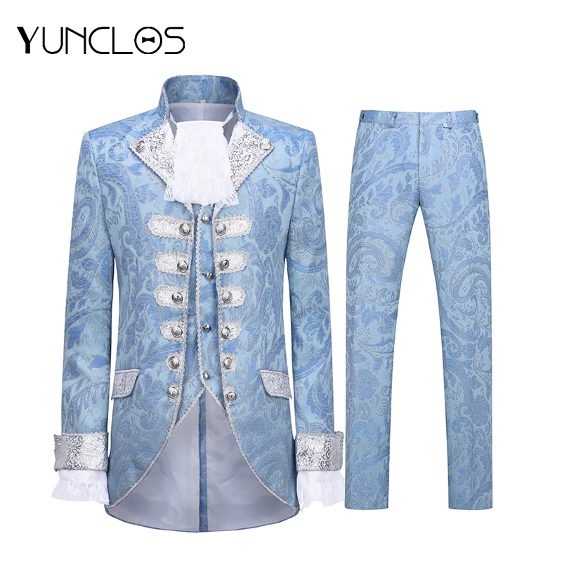 

YUNCLOS Blue Royal Court Men's Suit England Style 3 Pieces Men Suit Banquet Robe Vestido Men Single-breasted Wedding Suits