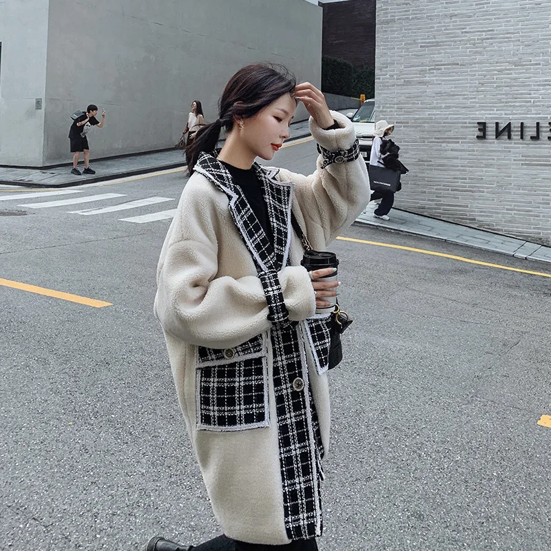 

Graceful Lambs Wool Coat Women's Winter Mid-length Plaid Retro Joint Berber Fleece Casual Cotton-padded Jacket Fashion INS