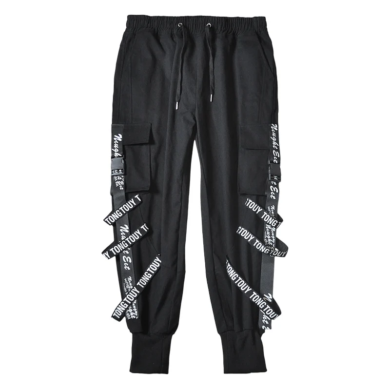 New Western Streetwear Darkly Style Fashion Ribbons Hip Hop Sweatpants Men's Joggers Trousers Casual Autumn Safari Harem Pants - Цвет: Black