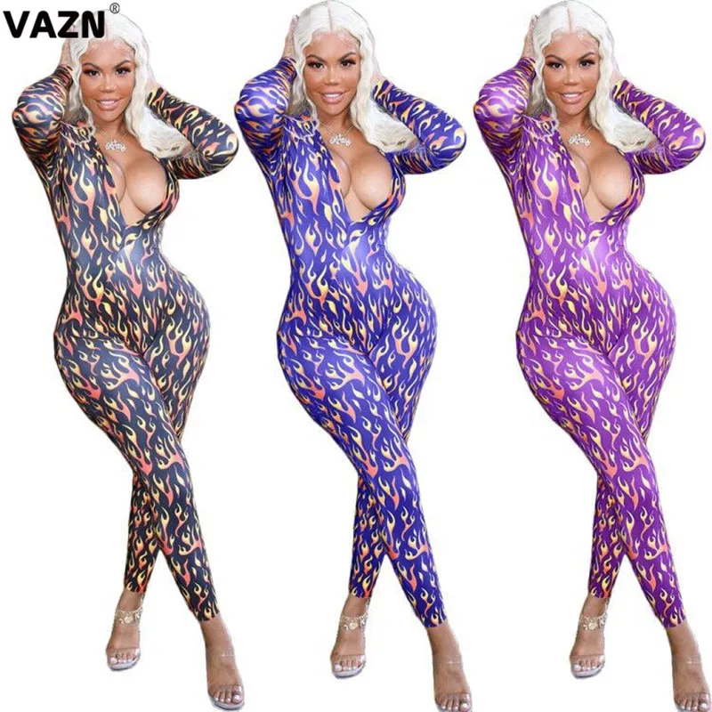

VAZN ARM8125 New Tide Tracksuits Jumpsuits Geometry Long Sleeve Bodycon Round Long Sleeve Women Bandage Long Pencil Jumpsuits
