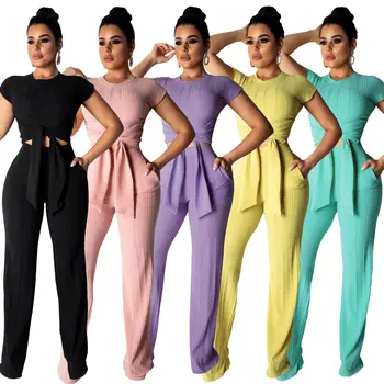 

Hot Selling Ladies Fashion Pants Sets Casual Short Sleeve Two-Piece Sets Pants Short Sleeve Suits Women Straight Wide-leg Pants