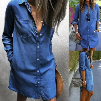 

Women Denim Shirt Style Mini Dress 2020 Summer Casual High Street Ladies Jeans Dresses Shirt Size