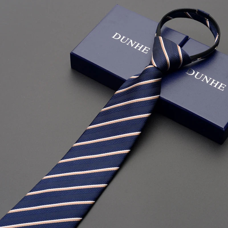 High Quality New Designers Brands Fashion Business Casual 8cm Ties for Men Blue Striped Zipper Necktie Formal with Gift Box