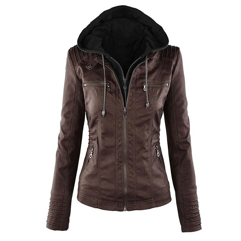 Online Chaqueta gótica de cuero de imitación para mujer con capucha chaqueta de motocicleta de invierno otoño chaqueta negra de cuero de imitación PU chaqueta 2019 caliente