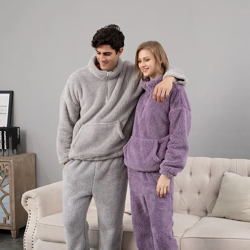 Pajamas Flannel Loungewear Autumn and Winter Solid Color Couples Home Service Set Thick Coral Fleece Pajamas Set