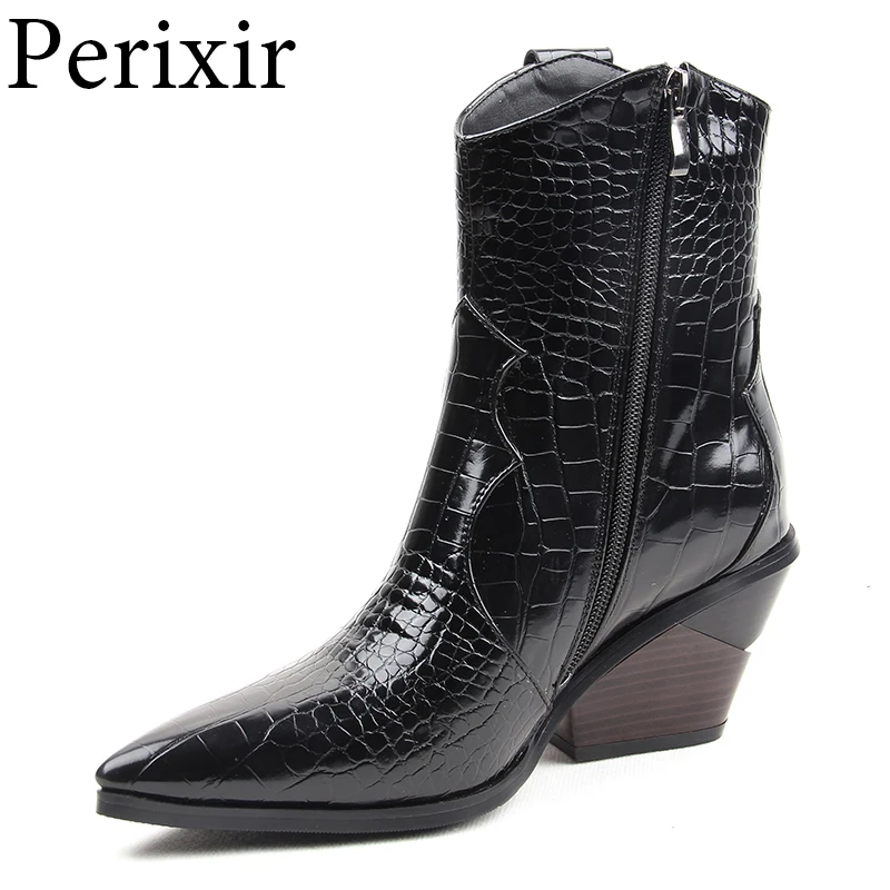 

Women Black Western Cowboy Distressed Ankle Boots with Pull-Up Tabs Mid-Calf Boots Pointy Toe Crocodile Booties Stack Block Heel
