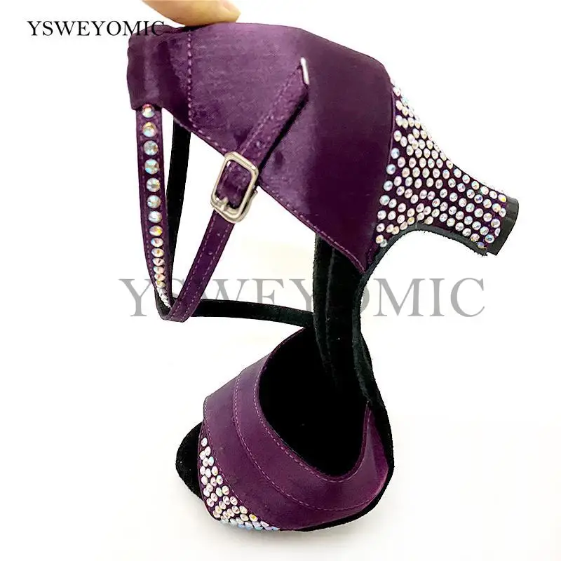 Rhinestone Low Heel 6cm Purple Satin Latin Dance Shoes Women Waltz Soft Suede Outsole Indoor Ballroom Salsa Dance Shoes