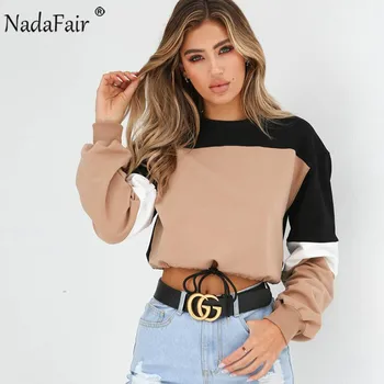 

Nadafair Color Patchwork Loose Casual Hoodies Women Sweatshirts Autumn Elastic Waist Sexy Crop Tops Streetwear Sudadera Mujer