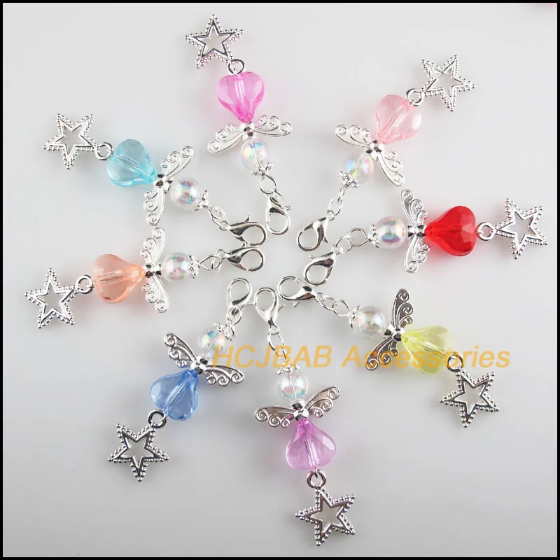 

8Pcs Silver Plated Star Retro Mixed Heart Acrylic 21.5x33mm Angel With Lobster Claw Clasps Charms