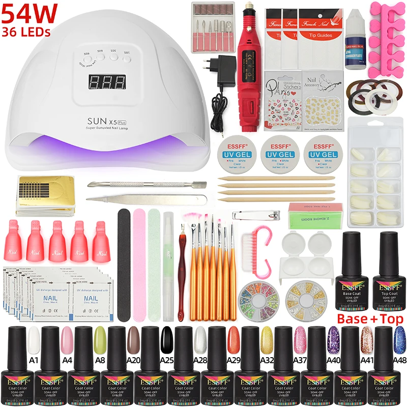 

12 PCS Gel Nail Polish Kit Soak Off Nail Set With UV/LED Nail Lamp Dryer Electric Nail Drill Art Tools Manicure Set for Nail Kit