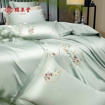 

Caiyitang 4 pieces smooth soft silk like bedding set flower embroidery bed bed cover set luxurious shiny style duvet cover set