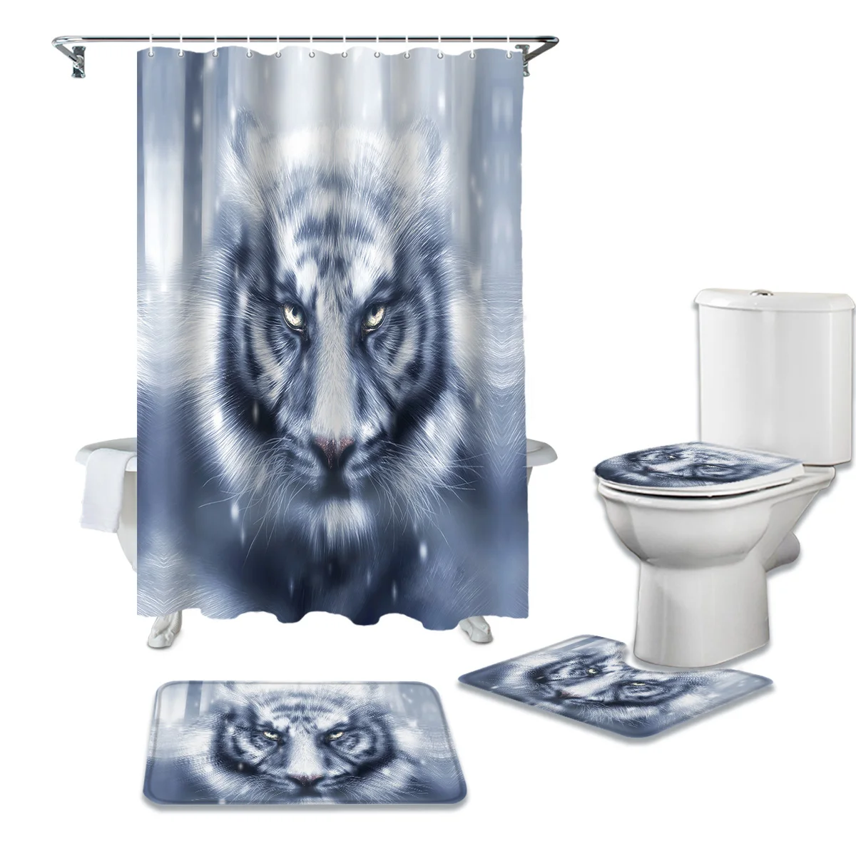 Animal Ferocious Tiger Shower Curtain Polyester Fabric Bathroom Set Accessories 