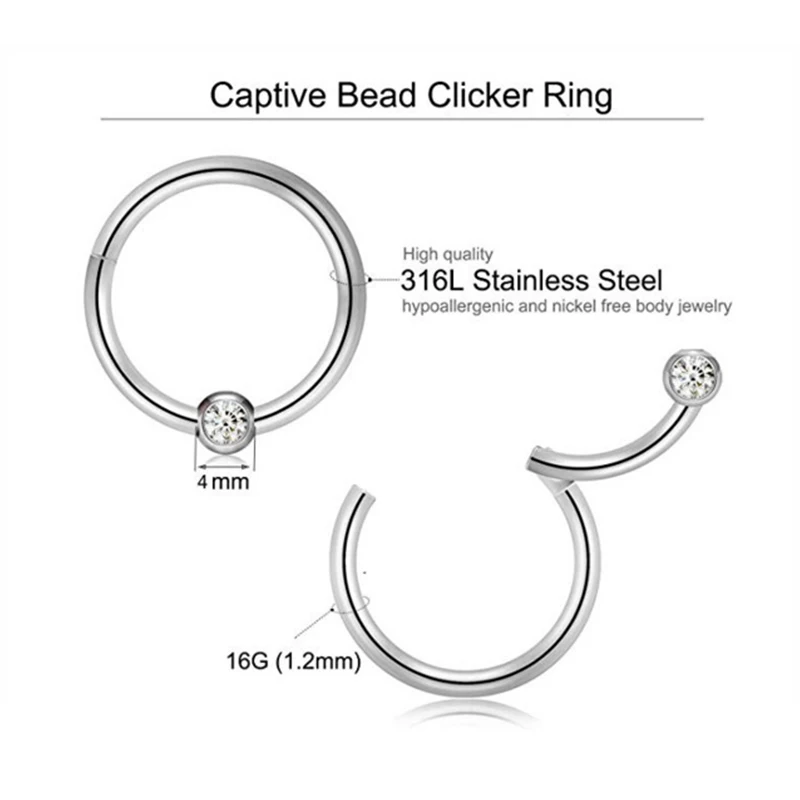 1Pc Captive Bead Clicker Ring Gems Seamless Hinged Segment Ring Clicker Cartilage Nose/Lip Hoop Rings Septum 16g