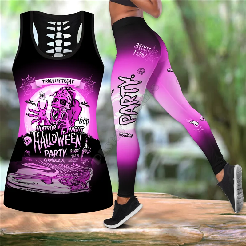 

Happy Halloween Skull Combo Outfit Leggings and Hollow out Tank Top Suit Sexy Yoga Fitness Soft Legging Summer Women For Girl