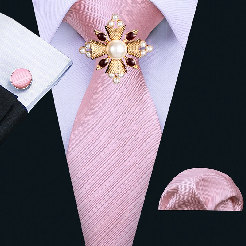 

Men Tie With Handkerchiefs Cufflinks Brooch Sets Neckties and Hanky Set For Men Casual Pink Solid Ties For Wedding Party Groom