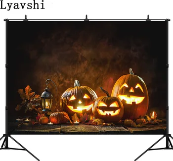 

Lyavshi Halloween holiday background Halloween pumpkin head positive lantern burning candle photography studio background