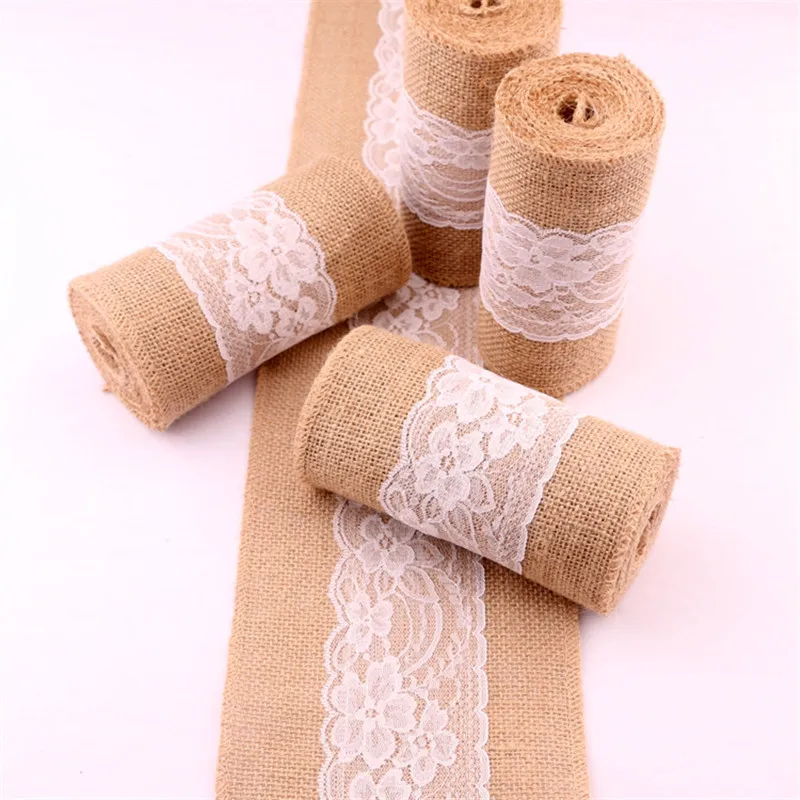 

15*275cm Vintage Natural Burlap Table Runner Jute Linen White Lace Chair Sashes Wedding Table Cloth Cover DIY Bow-not Home Decor