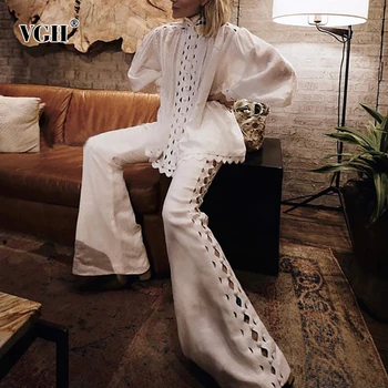 

VGH Autumn Hollow Out Women Two Piece Set Turtleneck Puff Sleeve Tops Wide Leg Pant Korean Suits Female 2020 Fashion New Clothes