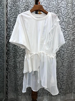 

2020 Spring and Summer New Women's Crew Neck Irregular Oblique Pendulum Fungus Ruffled Splicing Drawstring Waist Coat 415