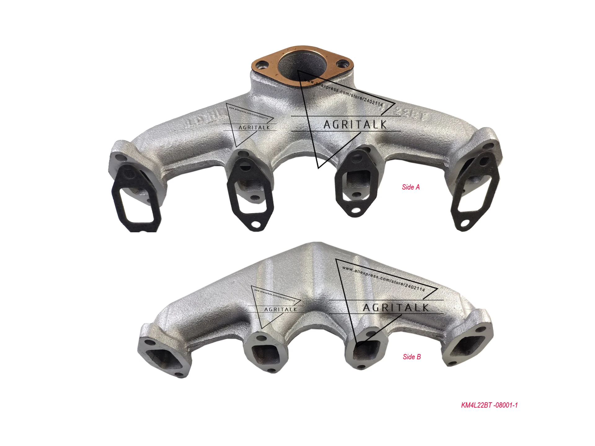 

exhaust manifold of the down side / up side silencer for Huayuan Laidong engine KM4L22BT, part number: