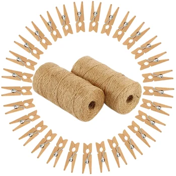 

2 Pack 100M 3 Ply Natural Jute Twine with 50 Pcs Wooden Clothespins for Craft Projects Gift Wrapping DIY Decoration