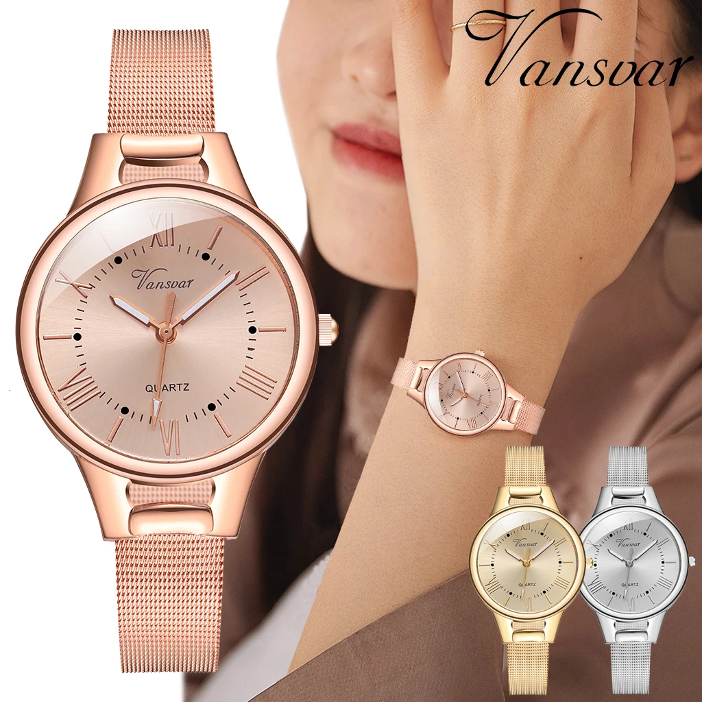

Vansvar Brand Women Roma Dial Quartz Watch Luxury Ladies Stainless Steel Mesh Belt Watch Relogio Feminino Gift Clock