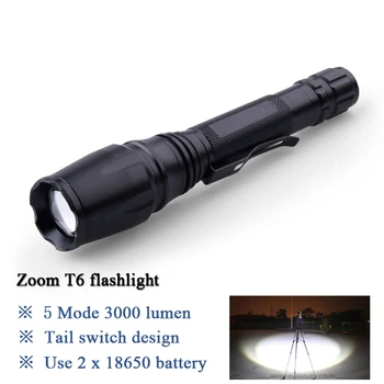 

Portable Lighting Flashlight Zoom Cree Xml T6 LED Flashlight Torch waterproof Lanterna Light Use 2x18650 rechargeable battery