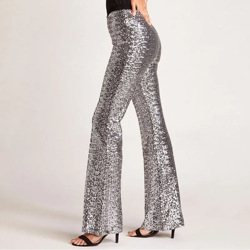 

New Women Pants High Waist Sequined Bell-bottoms Anti-light Sexy Slim Micro-la Reflective Pants Womens Clothing 2019 Gothic Pant