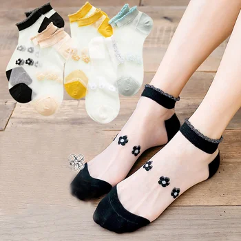 

Dreamlikelin Cute Socks for Women Crystal Silk Nylon Socks Japanese Sweet Transparent Socks Daisy Flower Ankle Socks