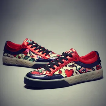 

Printed Graffiti Fashion Mens Sheepskin Real Leather Flats Casual 2020 New Man Round Toe Lace Up Trainers Sneakers Shoes