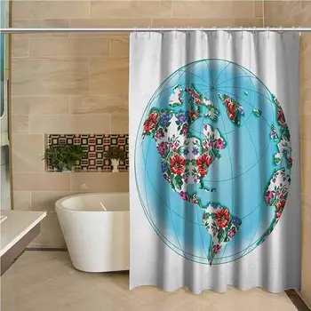 

Floral World Map 3D Printed Shower Curtain Planet Earth Covered by Victorian Style Floral Pattern Flourishing Ecology Hotel