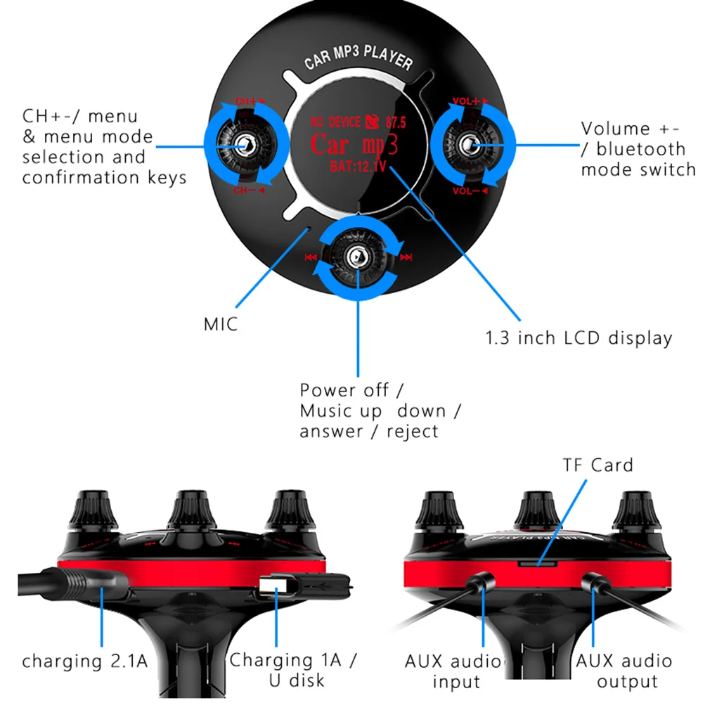 Bluetooth FM передатчик Handsfree автомобильный комплект 1,3 дюймов ЖК-дисплей TF карта/U диск MP3-плеер двойной USB зарядное устройство