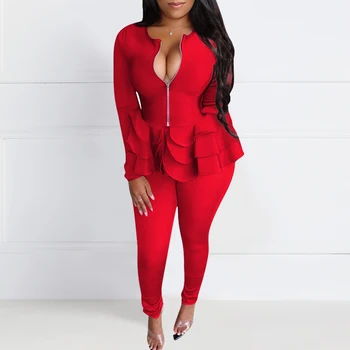 

Long Sleeve Ruffles Tops and Pants Suits Women Spring Autumn Casual Office Ladies Matching Outfits Two Piece Set Plus Size Fall