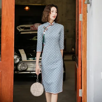 

Gray Sexy Print Star Qipao Women Evening Party Dress Mandarin Collar Half Sleeve Cheongsam Vintage Button Vestidos Plus Size