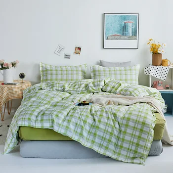 

Japanese-Style Bedding Sets，220×240 Duvet Cover Set With Pillowcase ,200×200 Quilt Cover Set,Green Grid King Blanket Cover ，2020