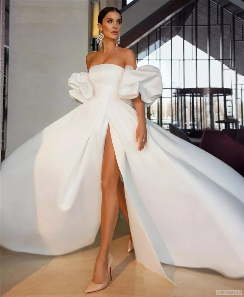 Wedding Dresses wedding dresses High Slit Satin A-line Strapless with Detachable Sleeves Court Train Couture