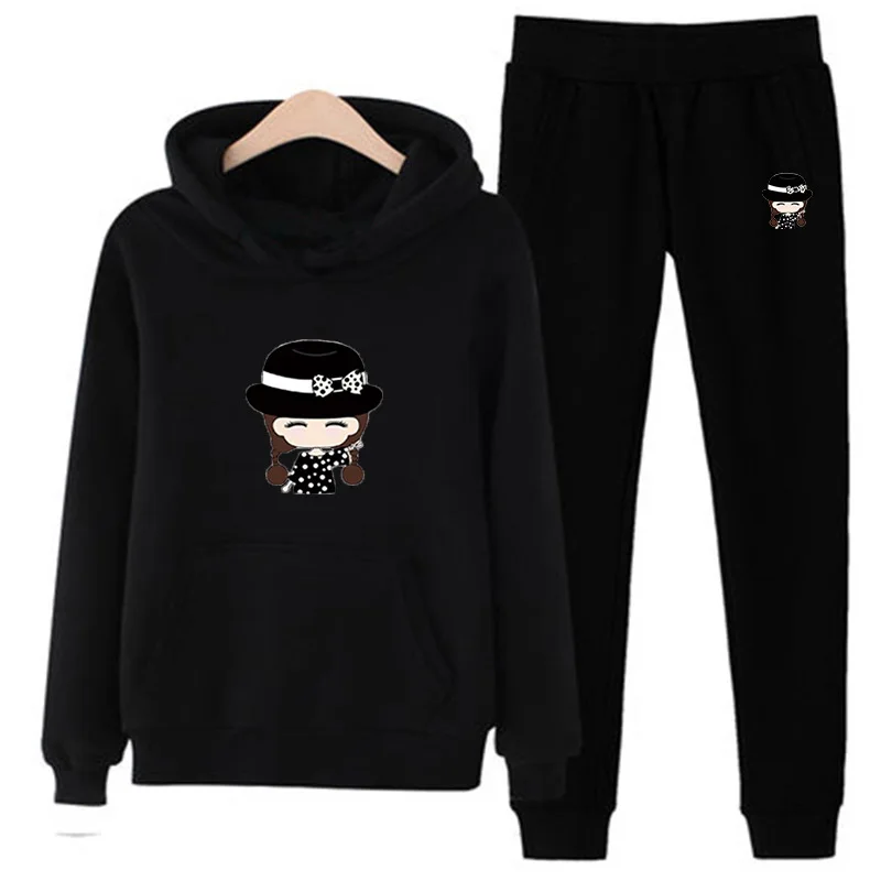 Style 2 Black Комплект из 2 предметов, женская одежда, Chandal Mujer 2 Piezas, для бега, Femme, мультяшный принт, толстовка, штаны, спортивные костюмы, женский спортивный костюм - Цвет: Style 2 Black
