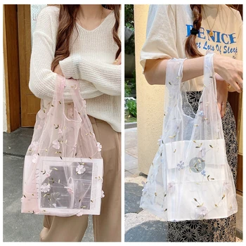 

Women Girls Fashion Embroidery HandBag Shopping Tote Flower Transparent Mesh Handbags Organza Casual High Quality New Hot