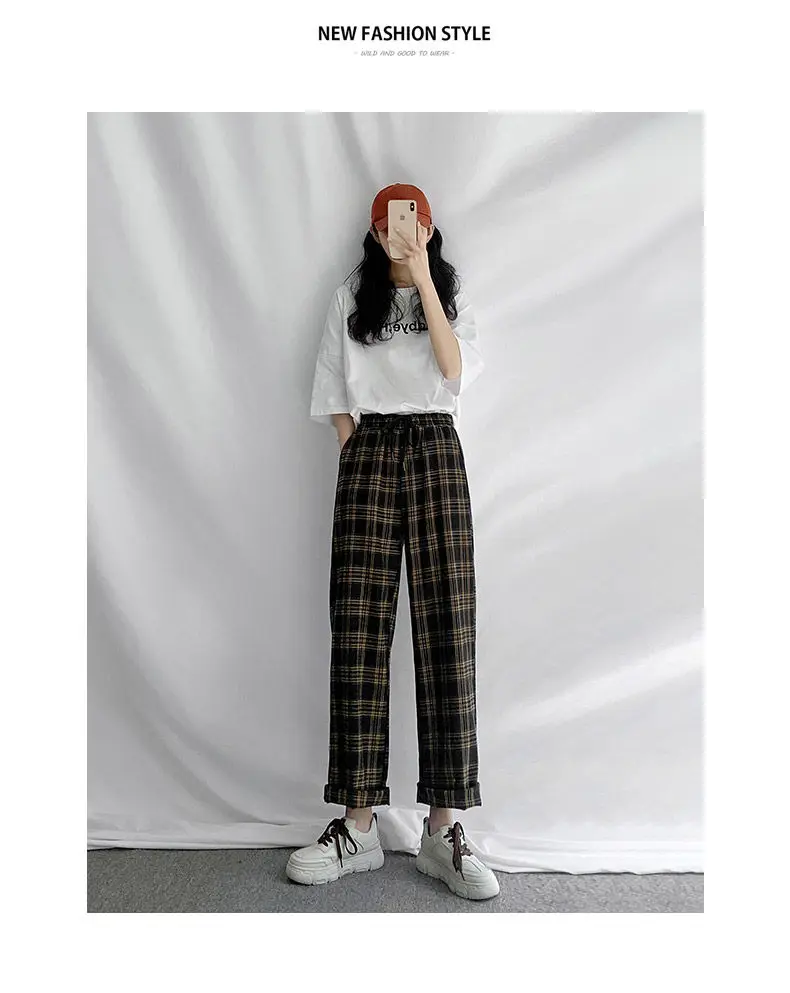 HOUZHOU Checked Black Loose Pants Women2020 Korean Style Plus Size Joggers Women Pants in a Cage For Trousers Women
