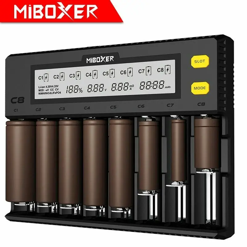 

MiBOXER C8 Battery Charger 8 Slots LCD Screen 1.5A 18650 AA Ni-Cdfor Li-ion LiFePO4 Ni-MH 21700 20700 26650 18350 17670 RCR123