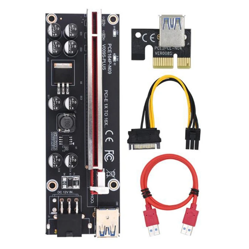 Tarjeta elevadora VER009S Plus PCI-E, Cable SATA a conector de 6 pines para minería de tarjeta de vídeo gráfica, PCI Express 1X a 16X USB 3,0
