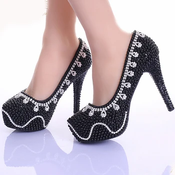 

Spring Black Pearl Crystal Dress Shoes Wedding Women Evening Party Bridal Shoes Pumps Platform Rhinestone Bling Dress Prom Shoes