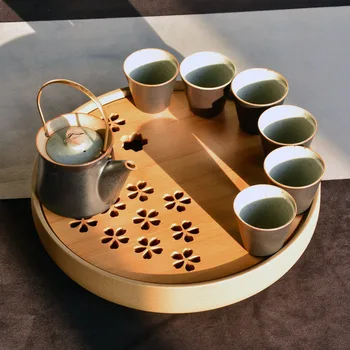 

Large Round Tea Tray Plum Bamboo Water Storage Ceramic Bamboo Tea Tray Japanese-Style Kung Fu Simple Household Tray Tea Ceremony