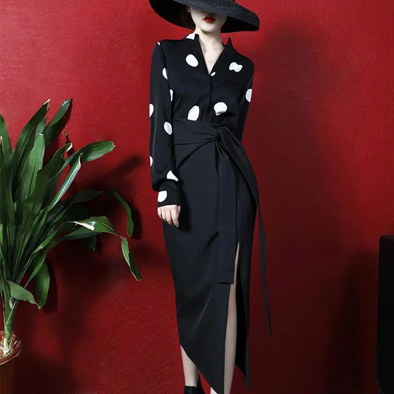 Designer Business Suit Set Women Spring Long Sleeve Polka Dots Print Shirts Blouse Tops Sexy Cut Bows Skirt Suits Set NS677