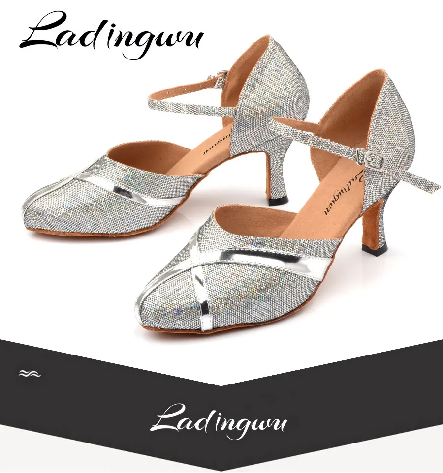 Ladingwu/Серебристая ткань для вспышки с закрытым носком; туфли для латинских танцев из искусственной кожи; бальное Танго Сальса; Танцевальная обувь