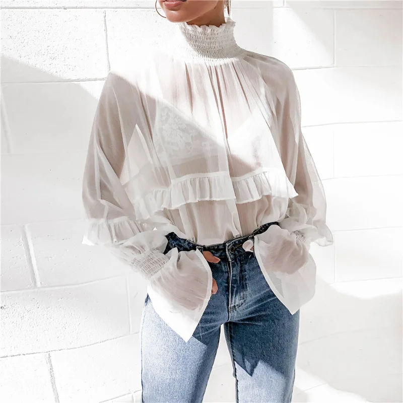 

NEW Stretch Blouse Women Chiffon Lace Ruffle Blouse Perspective Turtleneck Shirt Long Sleeves White Blouse Elegant Ladies Tops