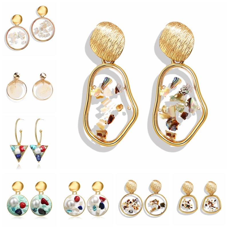 

Vintage Gold Drop Earrings for Women 2019 Brincos Geometric Long Earring Big DIY Resin Shell Drop Earring Bohemian Jewelry Gift